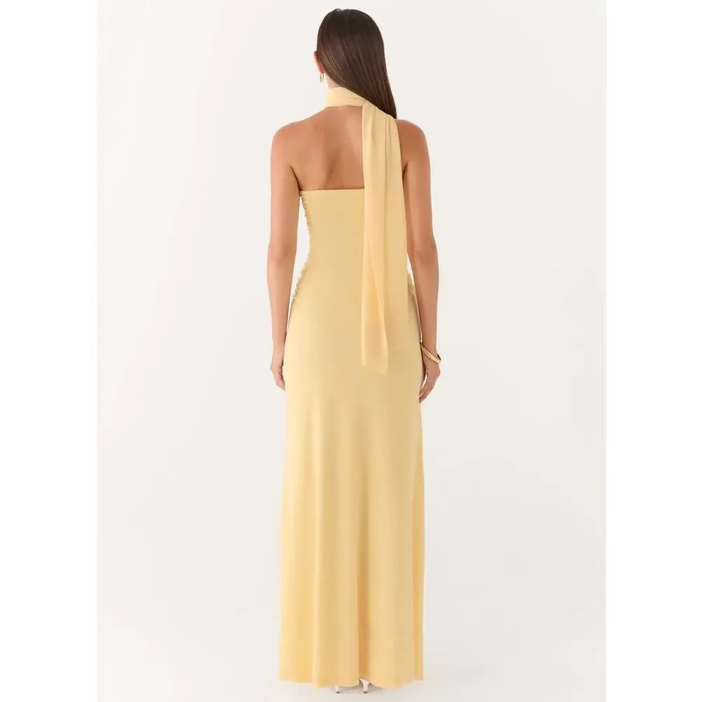 Pepper Mayo Yellow Songbird Maxi Dress Ruched Detail Summer Preppy Formal Prom - Picture 3 of 13